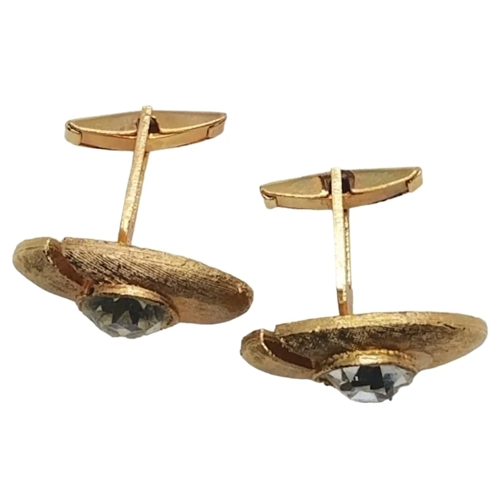 VINTAGE MID CENTURY MODERN GOLDPLATED & FACETED GLASS STONE MENS CUFFLINKS